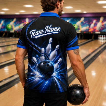 Bowling Ball Strike Lightning Sport Personalized Bowling Polo Shirt Back View