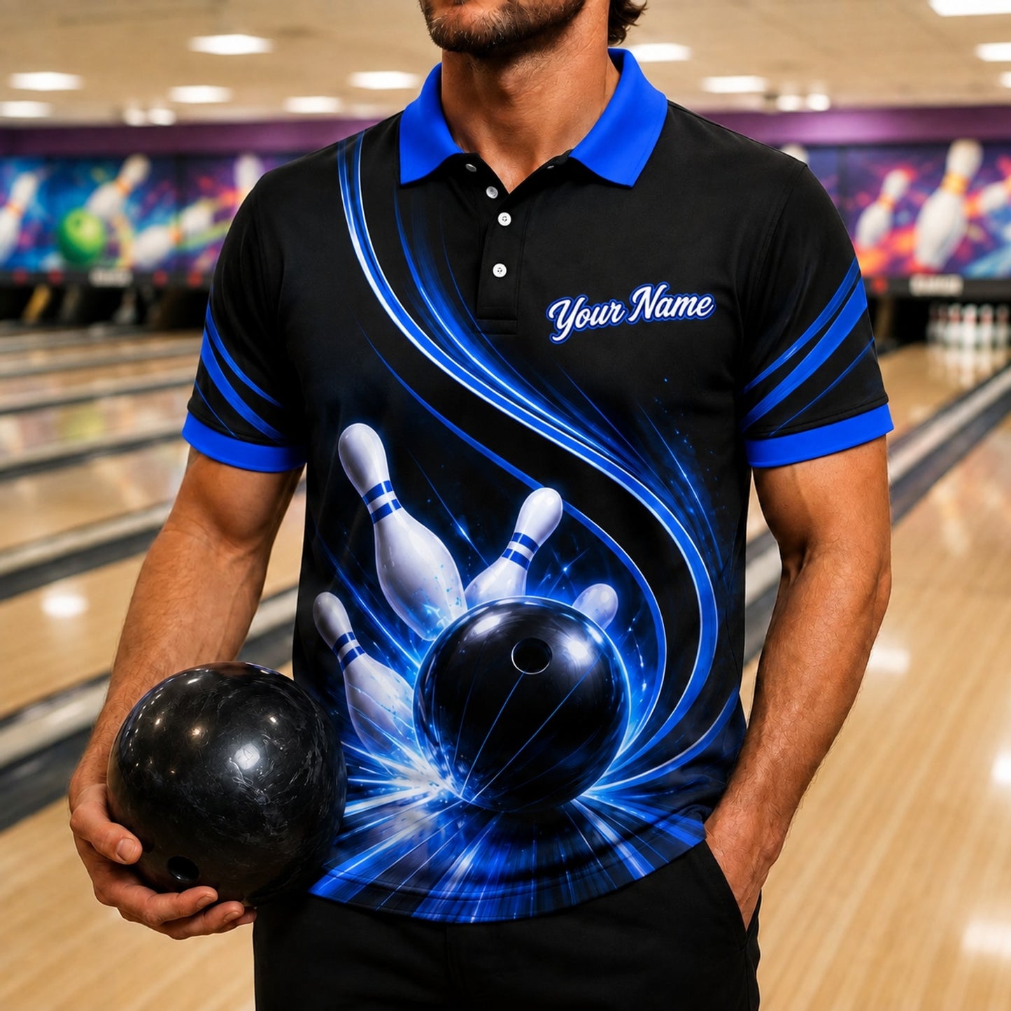 Bowling Ball Strike Lightning Sport Personalized Bowling Polo Shirt Front View