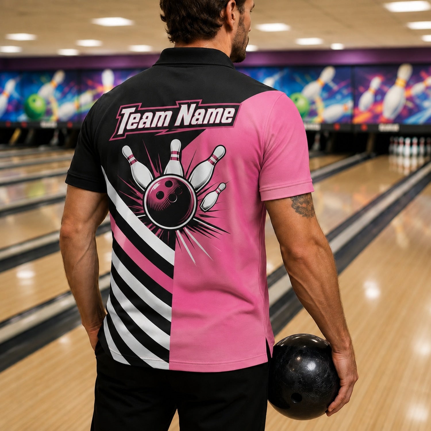 Bowling Ball Strike Modern Personalized Bowling Polo Shirt Back View