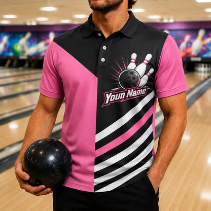 Bowling Ball Strike Modern Personalized Bowling Polo Shirt Front View