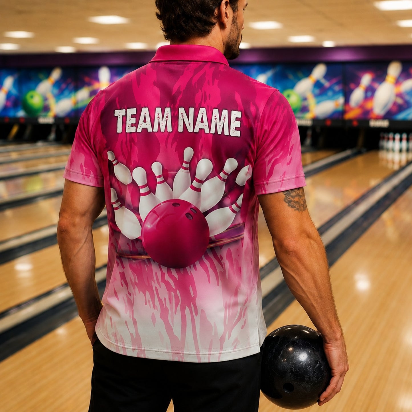 Bowling Ball Strike Pins Graphic Personalized Bowling Polo Shirt Back View