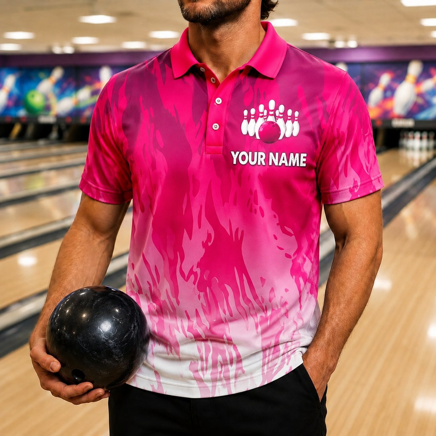 Bowling Ball Strike Pins Graphic Personalized Bowling Polo Shirt Front View