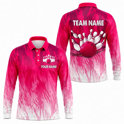 Bowling Ball Strike Pins Graphic Personalized Bowling Polo Shirt Long Sleeve Polo