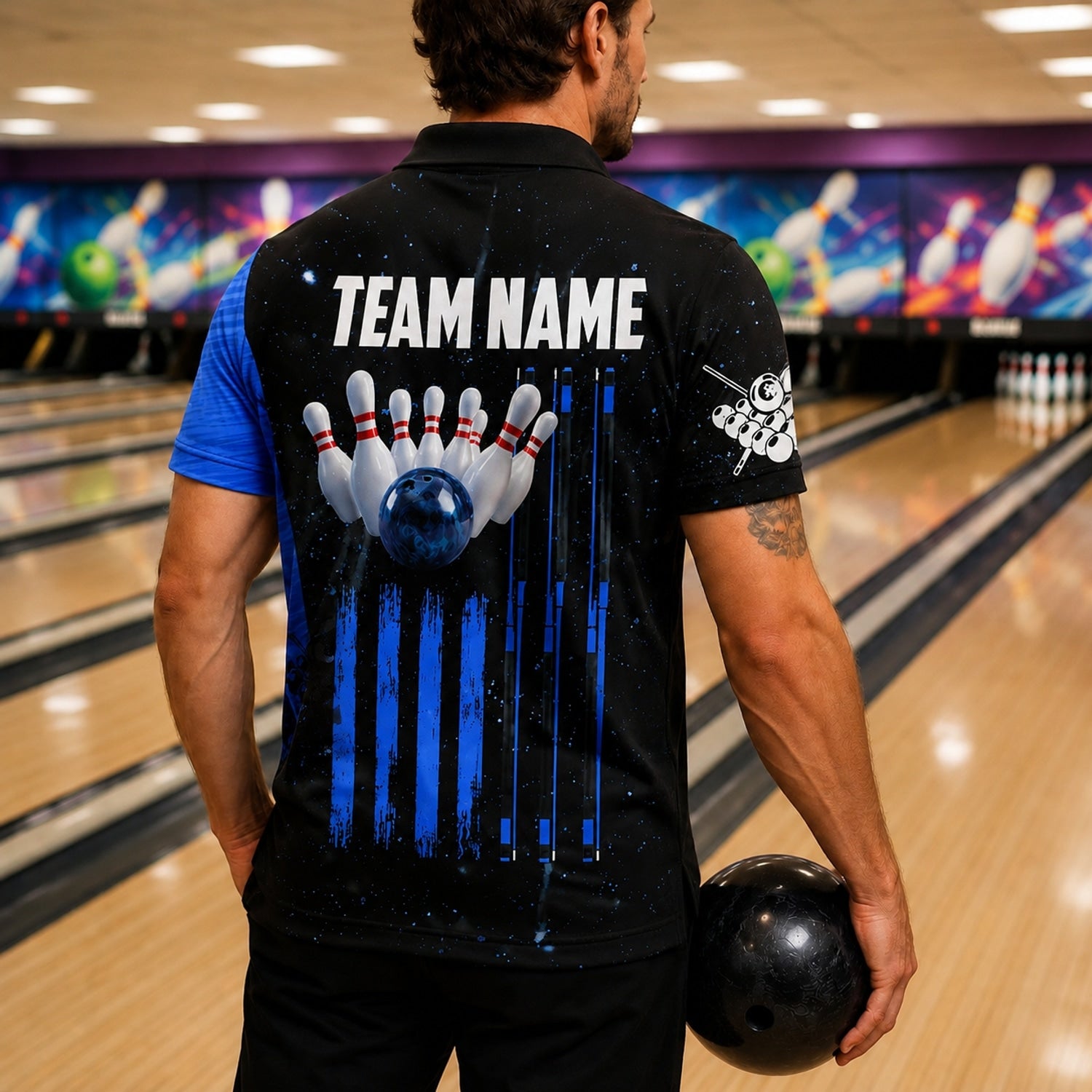 Bowling Ball Strike Pins Sport Personalized Bowling Polo Shirt Back View