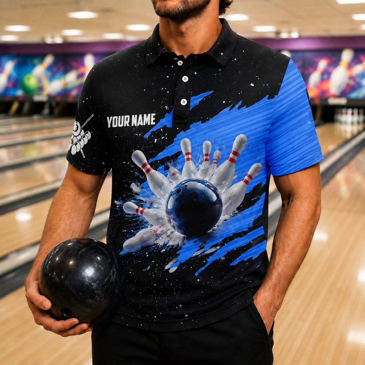 Bowling Ball Strike Pins Sport Personalized Bowling Polo Shirt Front View