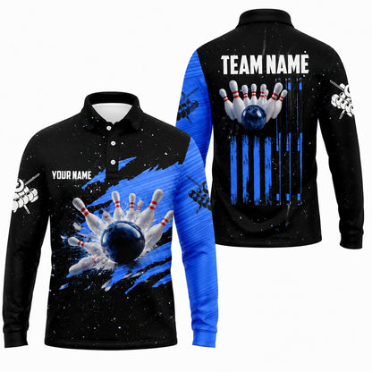 Bowling Ball Strike Pins Sport Personalized Bowling Polo Shirt Long Sleeve Polo