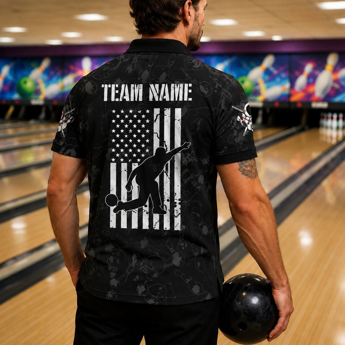 Bowling Ball Strike Silhouette Sport Personalized Bowling Polo Shirt Back View
