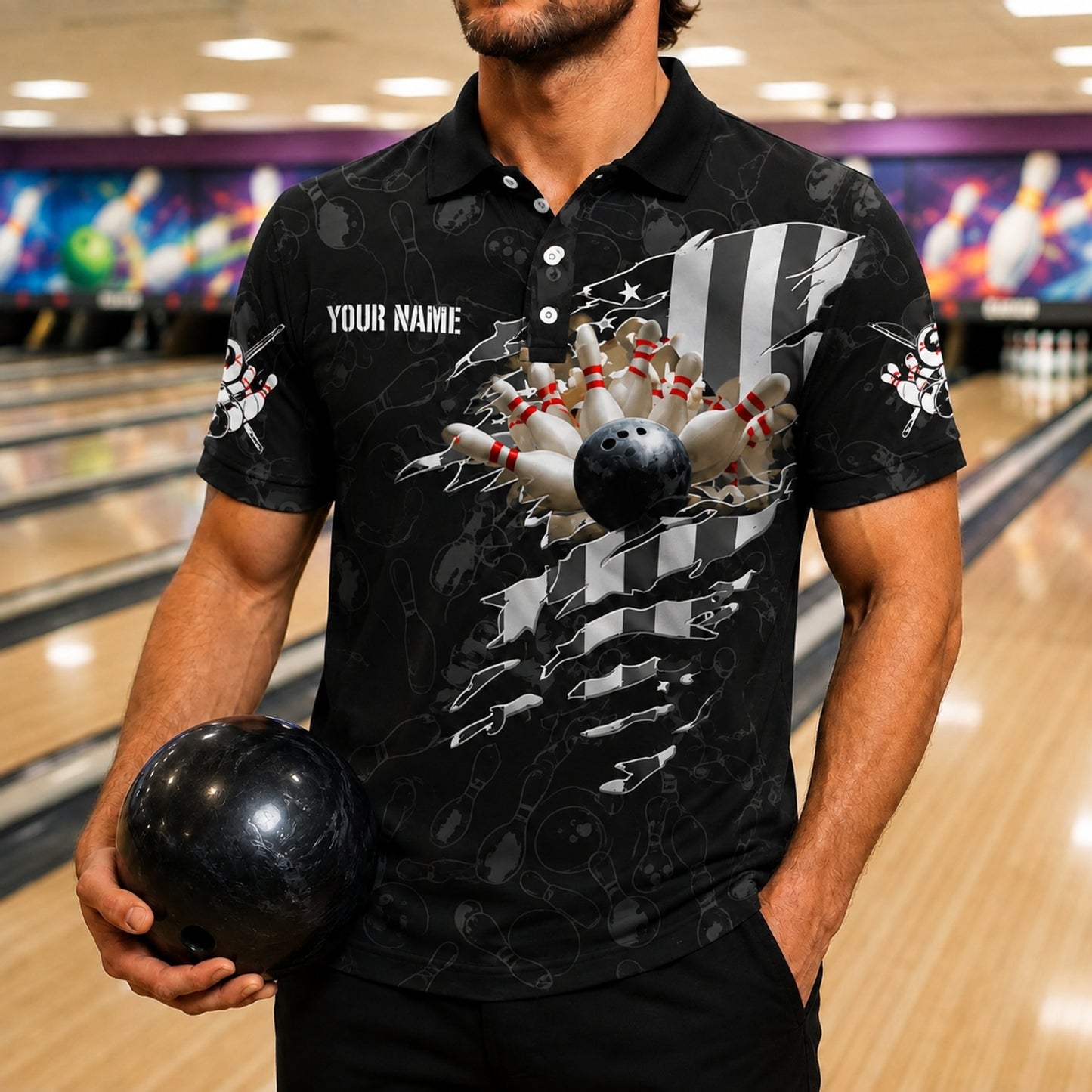 Bowling Ball Strike Silhouette Sport Personalized Bowling Polo Shirt Front View
