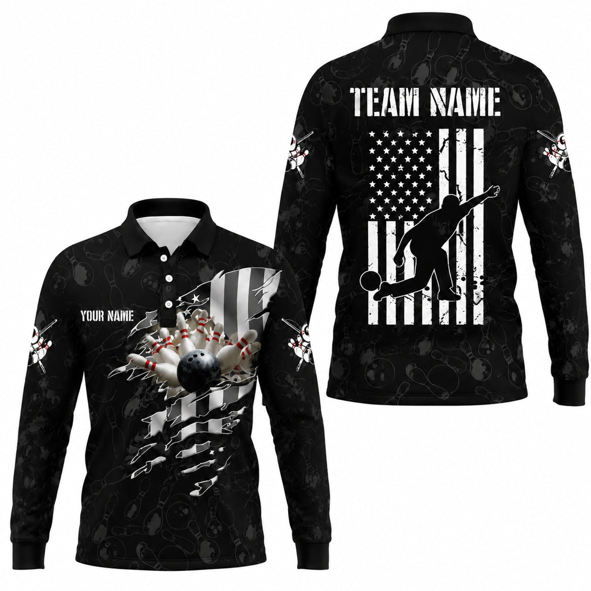 Bowling Ball Strike Silhouette Sport Personalized Bowling Polo Shirt Long Sleeve Polo