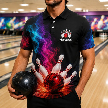 Bowling Ball Strike Smoke Custom Bowling Polo Shirt Front View