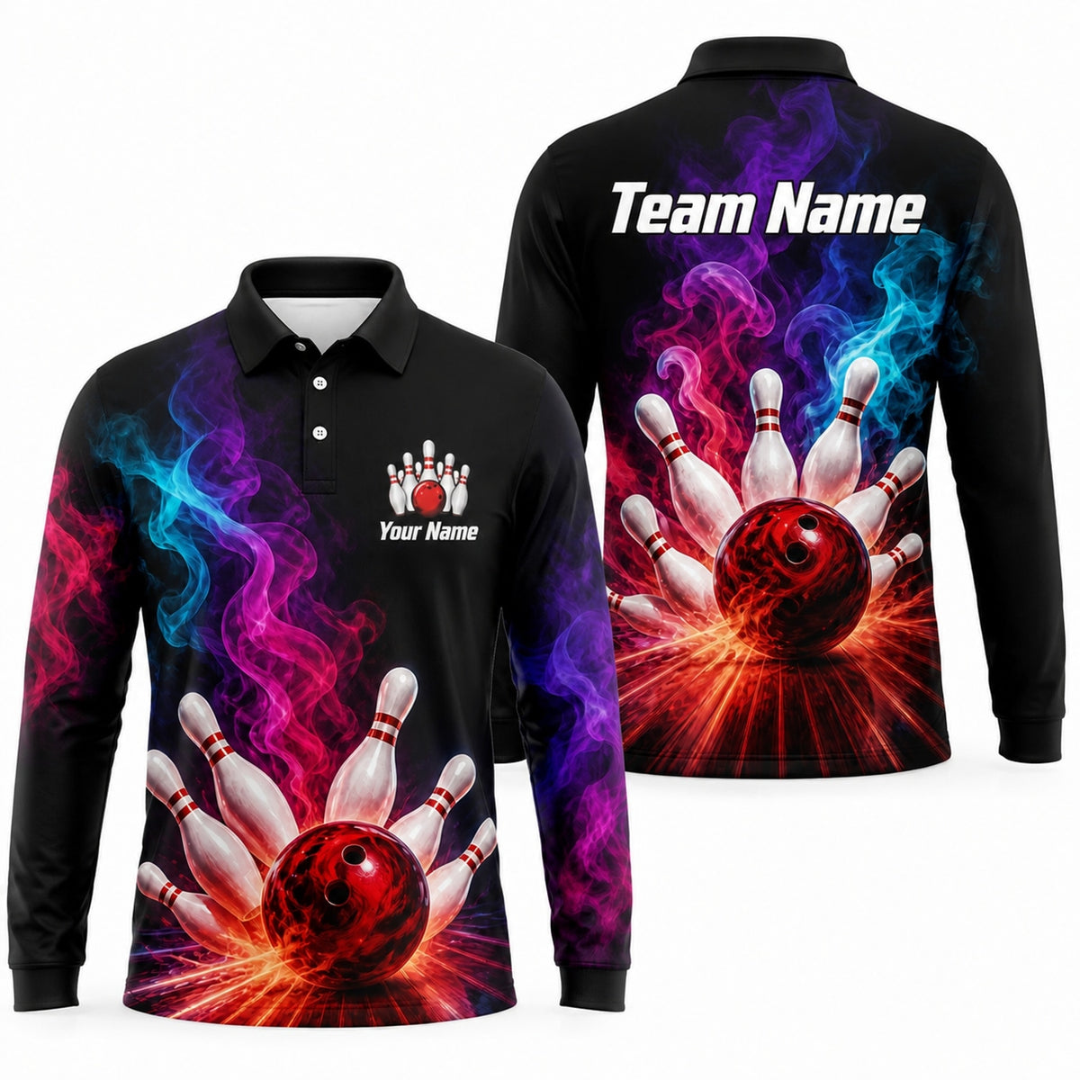 Bowling Ball Strike Smoke Custom Bowling Polo Shirt Long Sleeve Polo