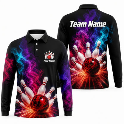 Bowling Ball Strike Smoke Custom Bowling Polo Shirt Long Sleeve Polo
