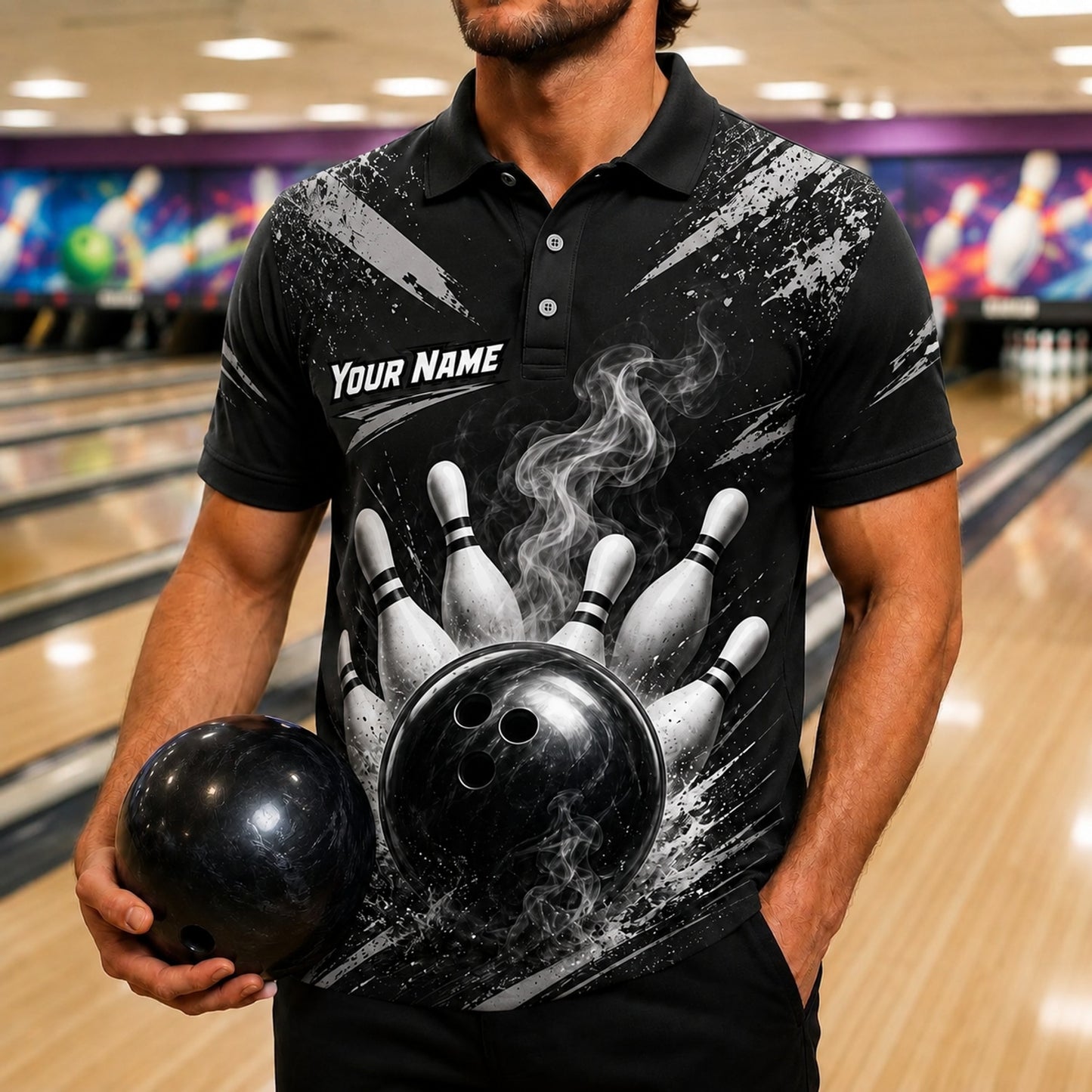 Bowling Ball Strike Smoke Personalized Bowling Polo Shirt Front View