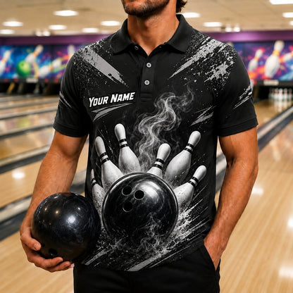 Bowling Ball Strike Smoke Personalized Bowling Polo Shirt Front View