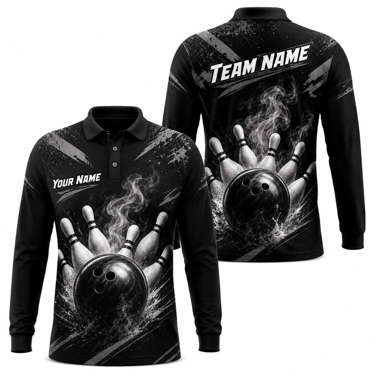 Bowling Ball Strike Smoke Personalized Bowling Polo Shirt Long Sleeve Polo