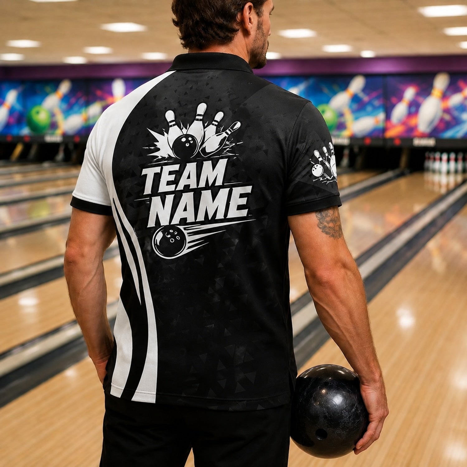 Bowling Ball Strike Splash Custom Bowling Polo Shirt Back View