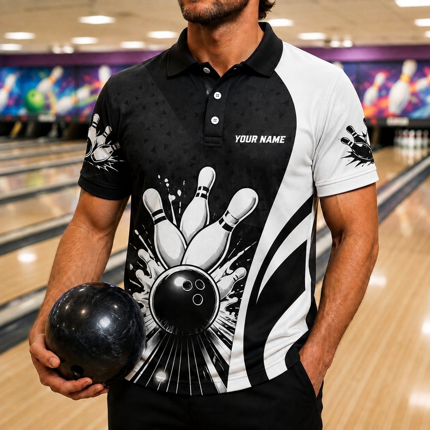 Bowling Ball Strike Splash Custom Bowling Polo Shirt Front View