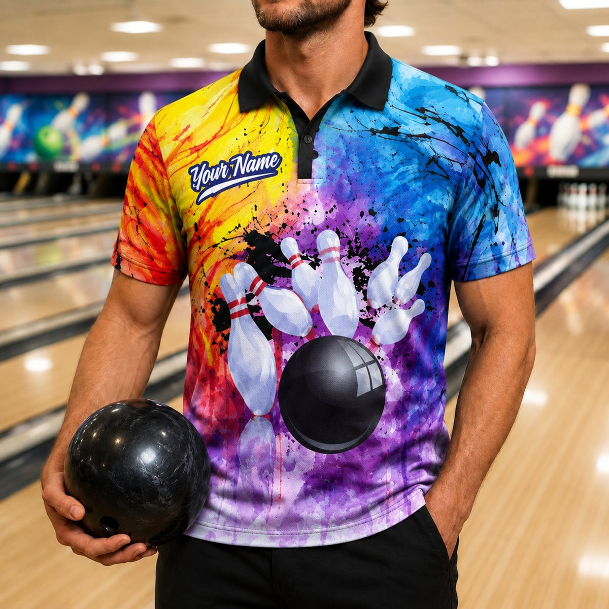 Bowling Ball Strike Splash Graphic Personalized Bowling Polo Shirt Front View