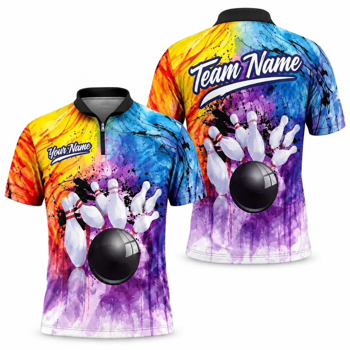 Bowling Ball Strike Splash Graphic Personalized Bowling Polo Shirt Jersey Zip 1 4 Collar