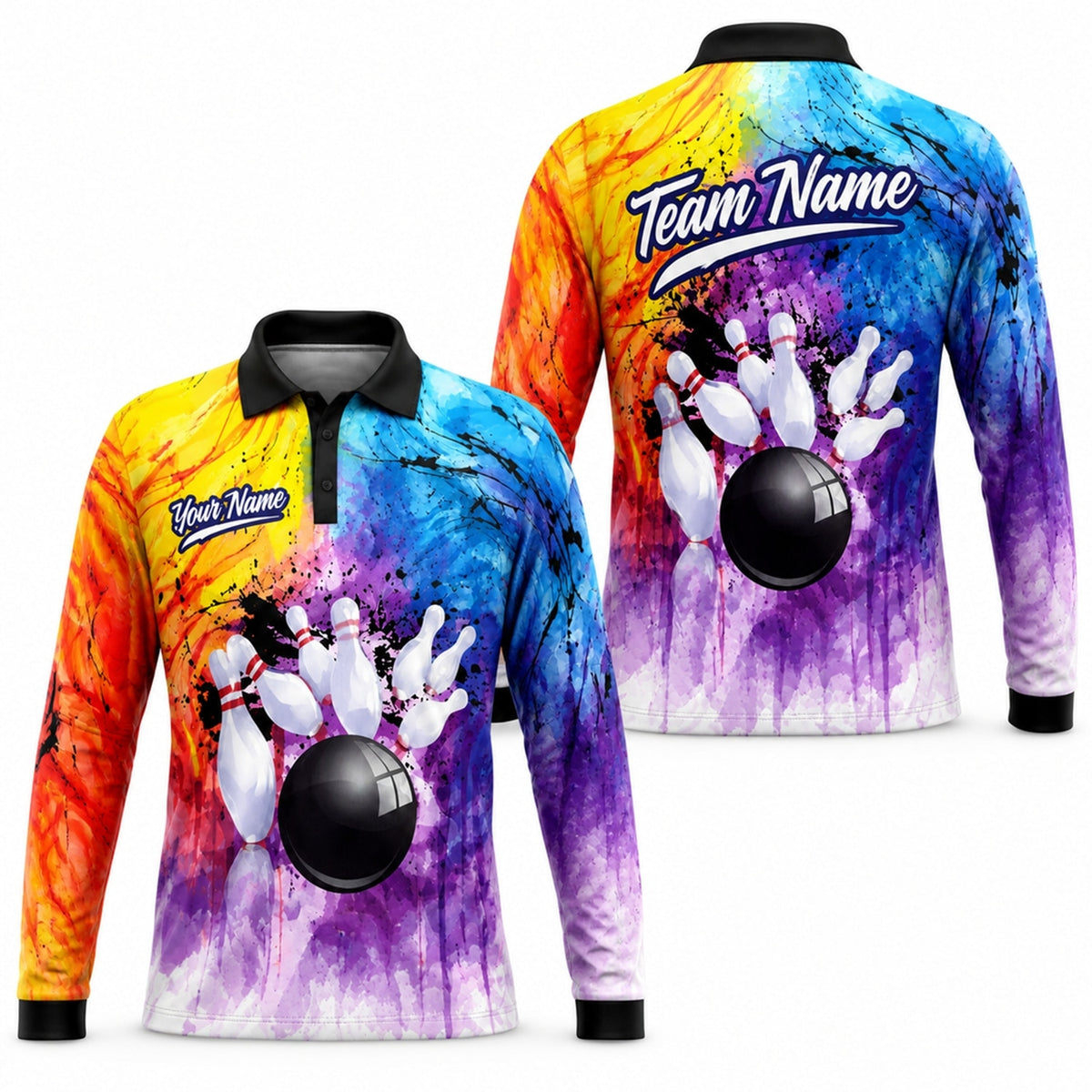 Bowling Ball Strike Splash Graphic Personalized Bowling Polo Shirt Long Sleeve Polo