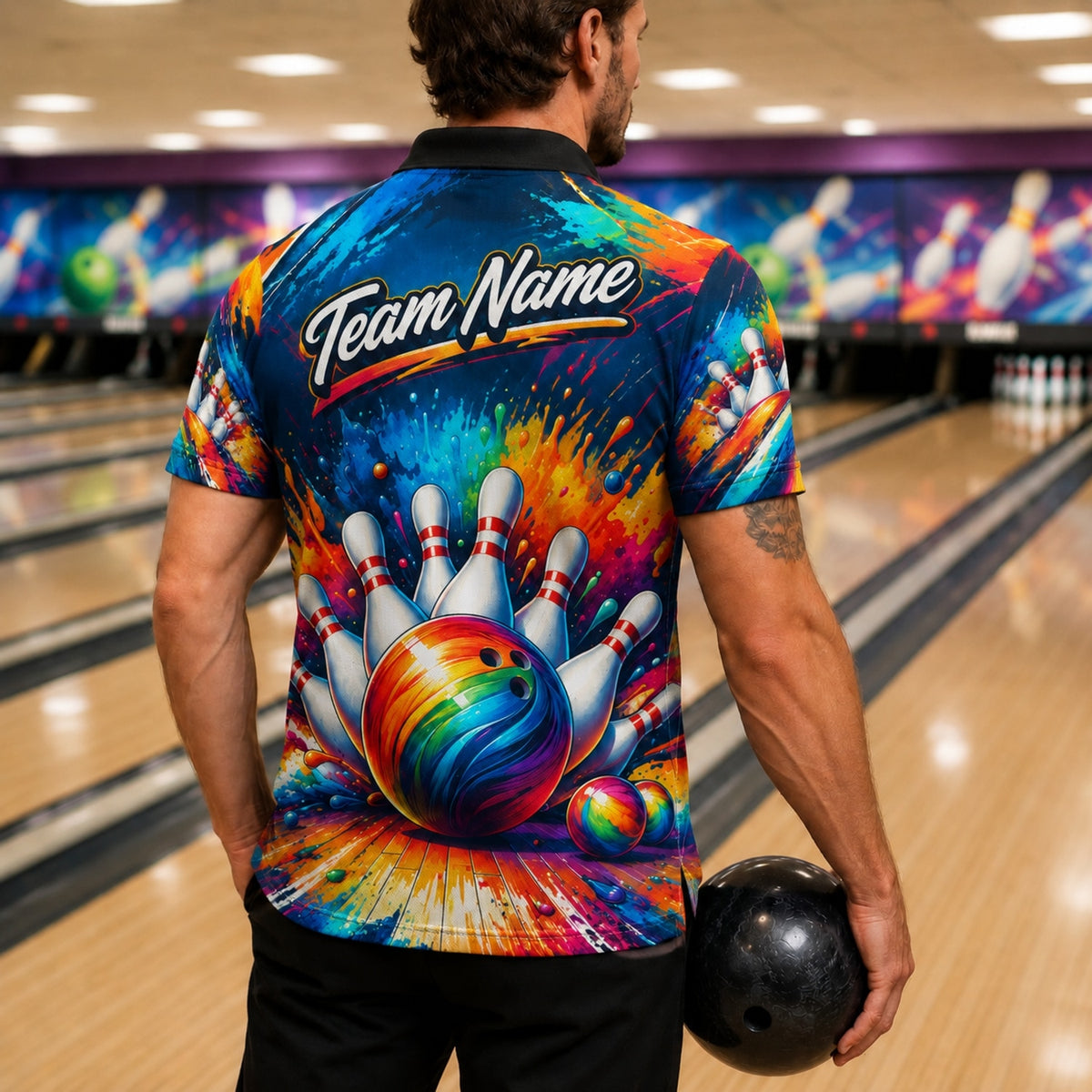 Bowling Ball Strike Splash Modern Personalized Bowling Polo Shirt Back View