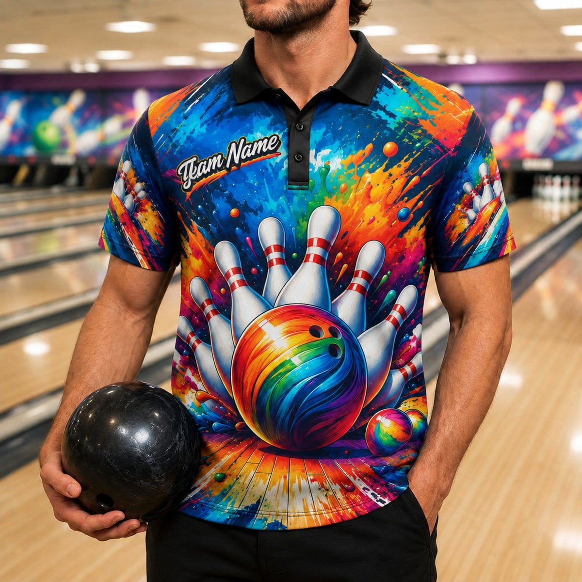 Bowling Ball Strike Splash Modern Personalized Bowling Polo Shirt Front View