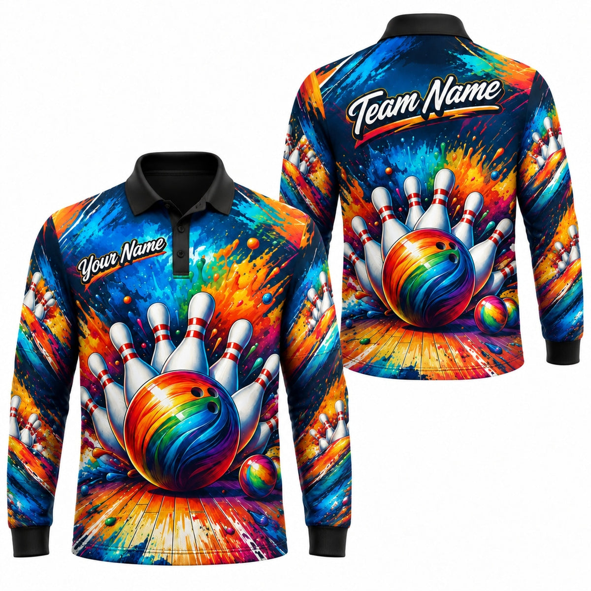 Bowling Ball Strike Splash Modern Personalized Bowling Polo Shirt Long Sleeve Polo