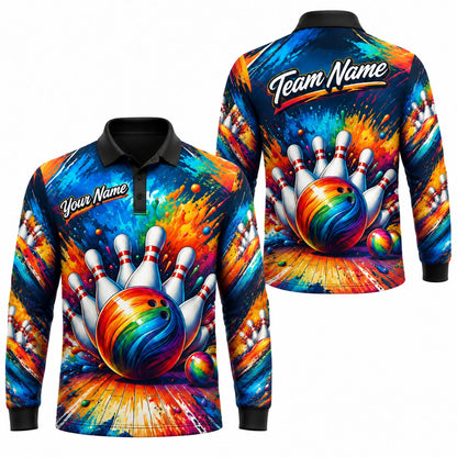 Bowling Ball Strike Splash Modern Personalized Bowling Polo Shirt Long Sleeve Polo