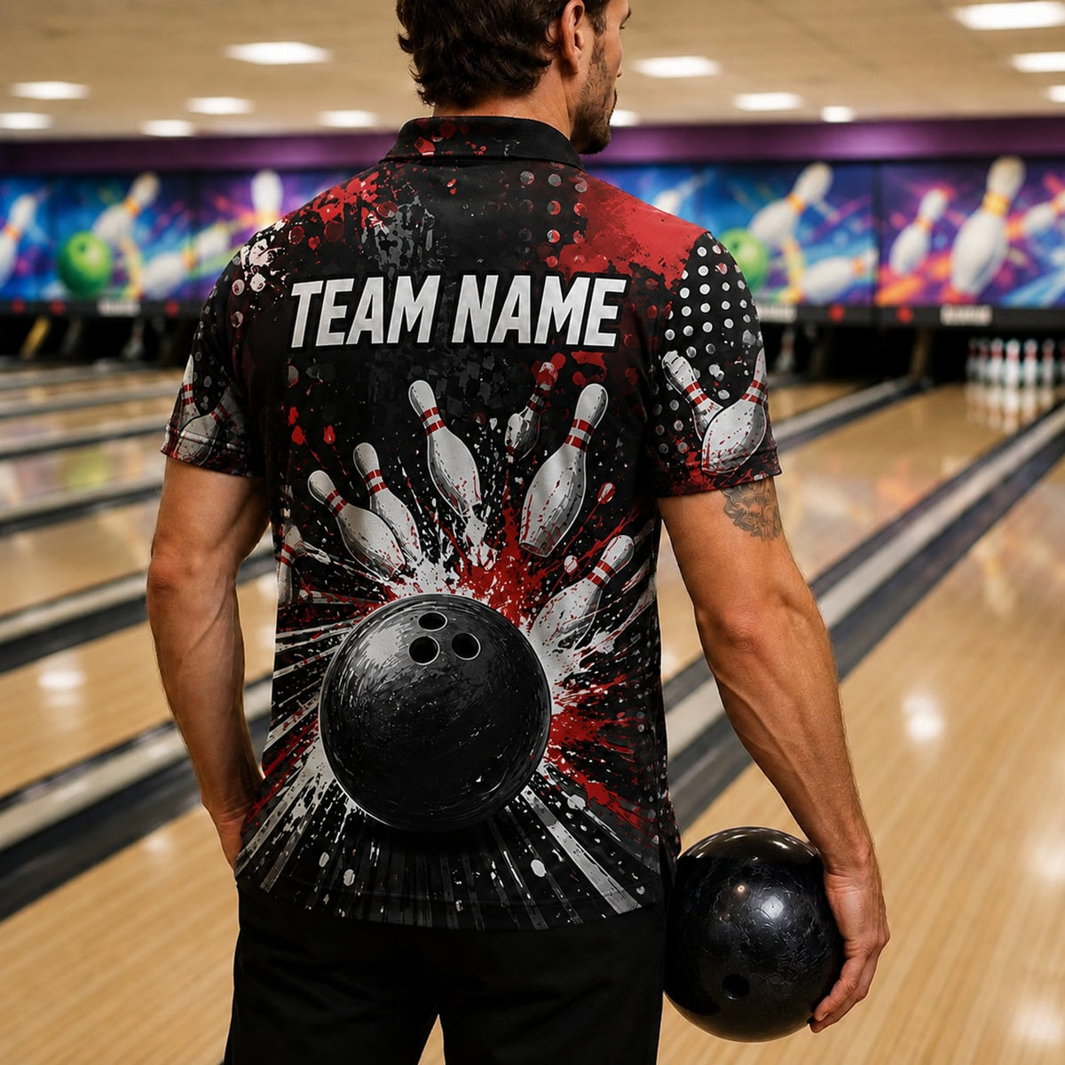Bowling Ball Strike Splash Personalized Bowling Polo Shirt Back View