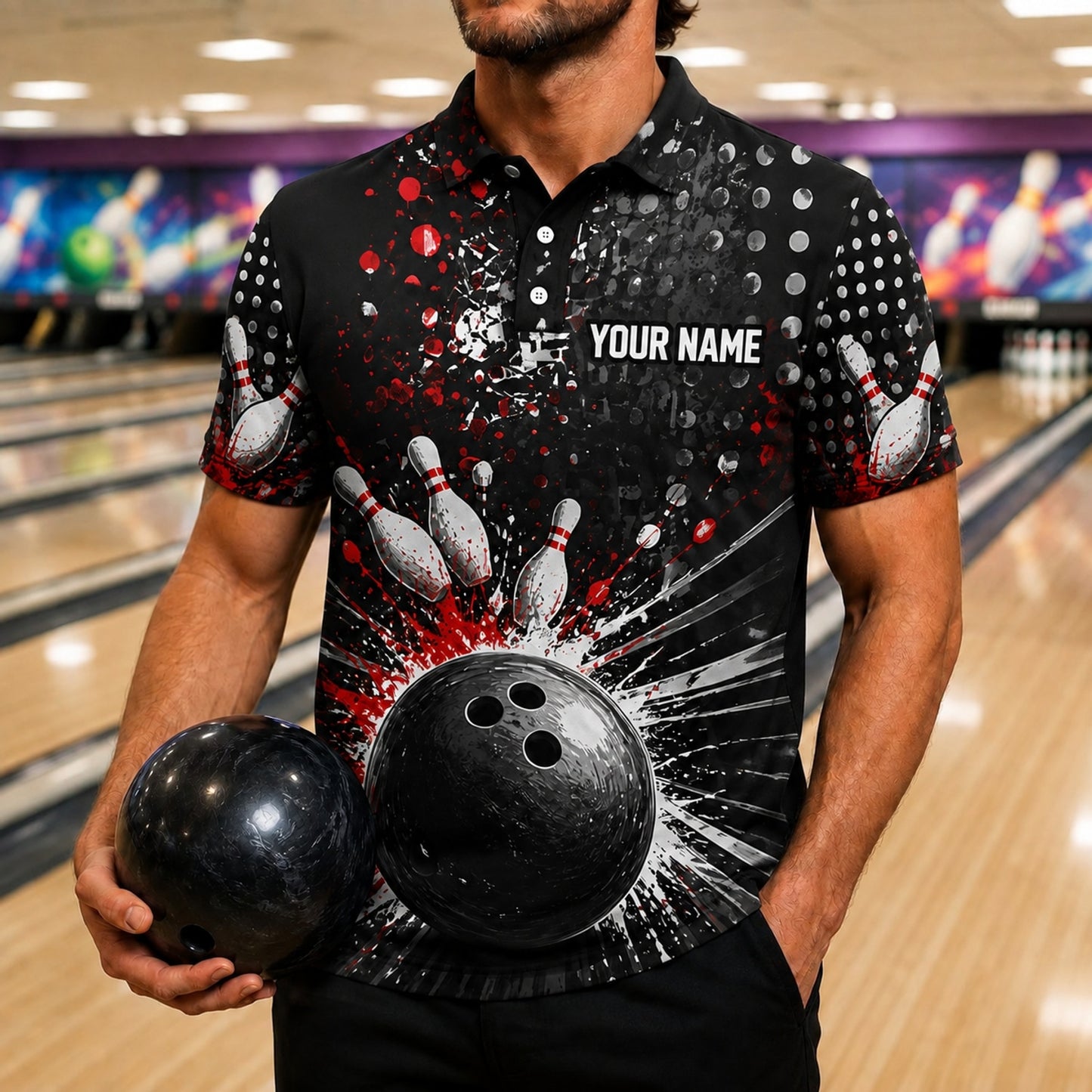 Bowling Ball Strike Splash Personalized Bowling Polo Shirt Front View