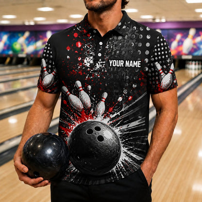 Bowling Ball Strike Splash Personalized Bowling Polo Shirt Front View