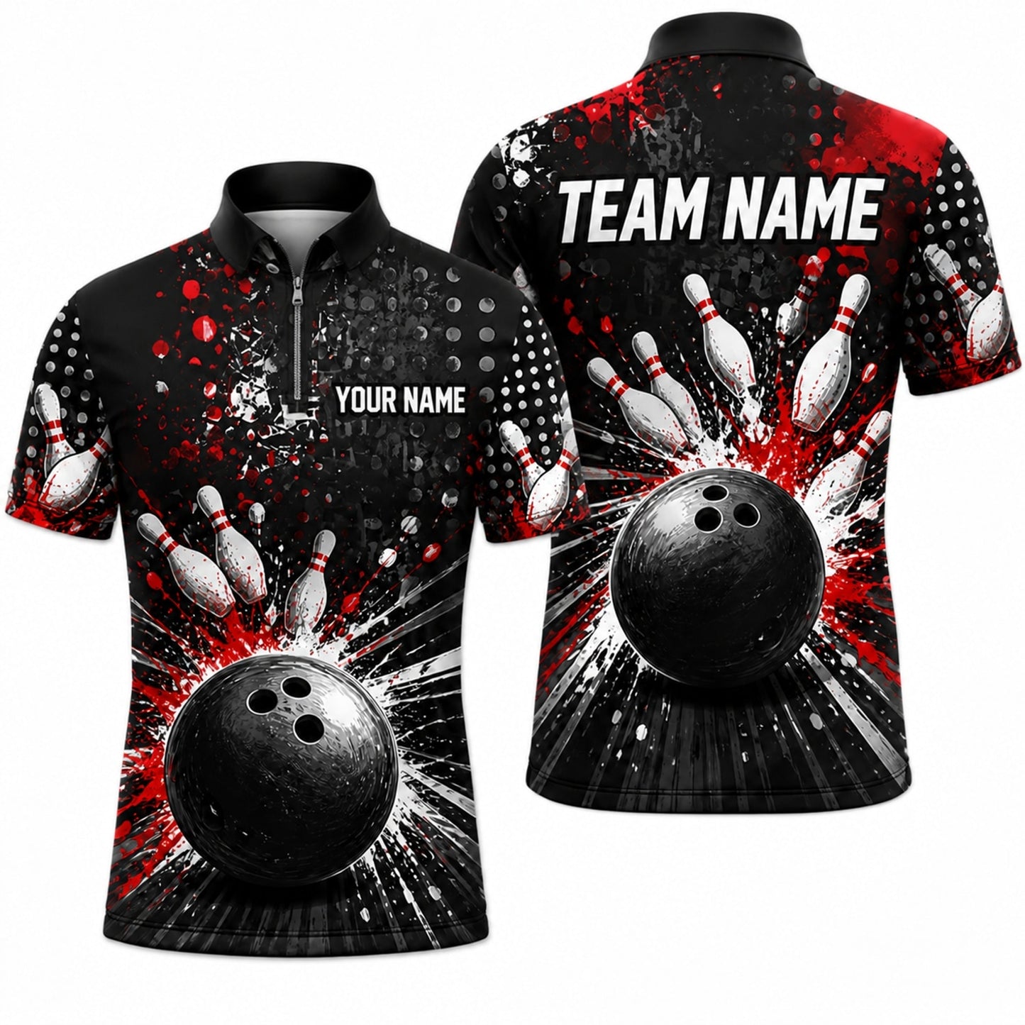 Bowling Ball Strike Splash Personalized Bowling Polo Shirt Jersey Zip 1 4 Collar