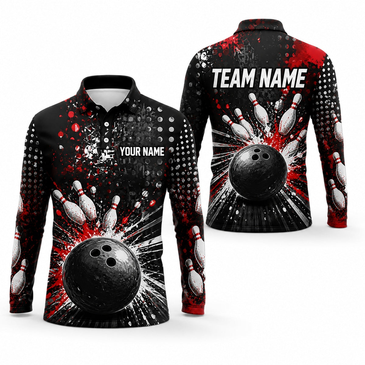 Bowling Ball Strike Splash Personalized Bowling Polo Shirt Long Sleeve Polo