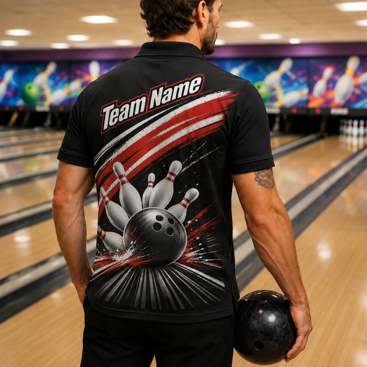 Bowling Ball Strike Splash Sport Custom Bowling Polo Shirt Back View