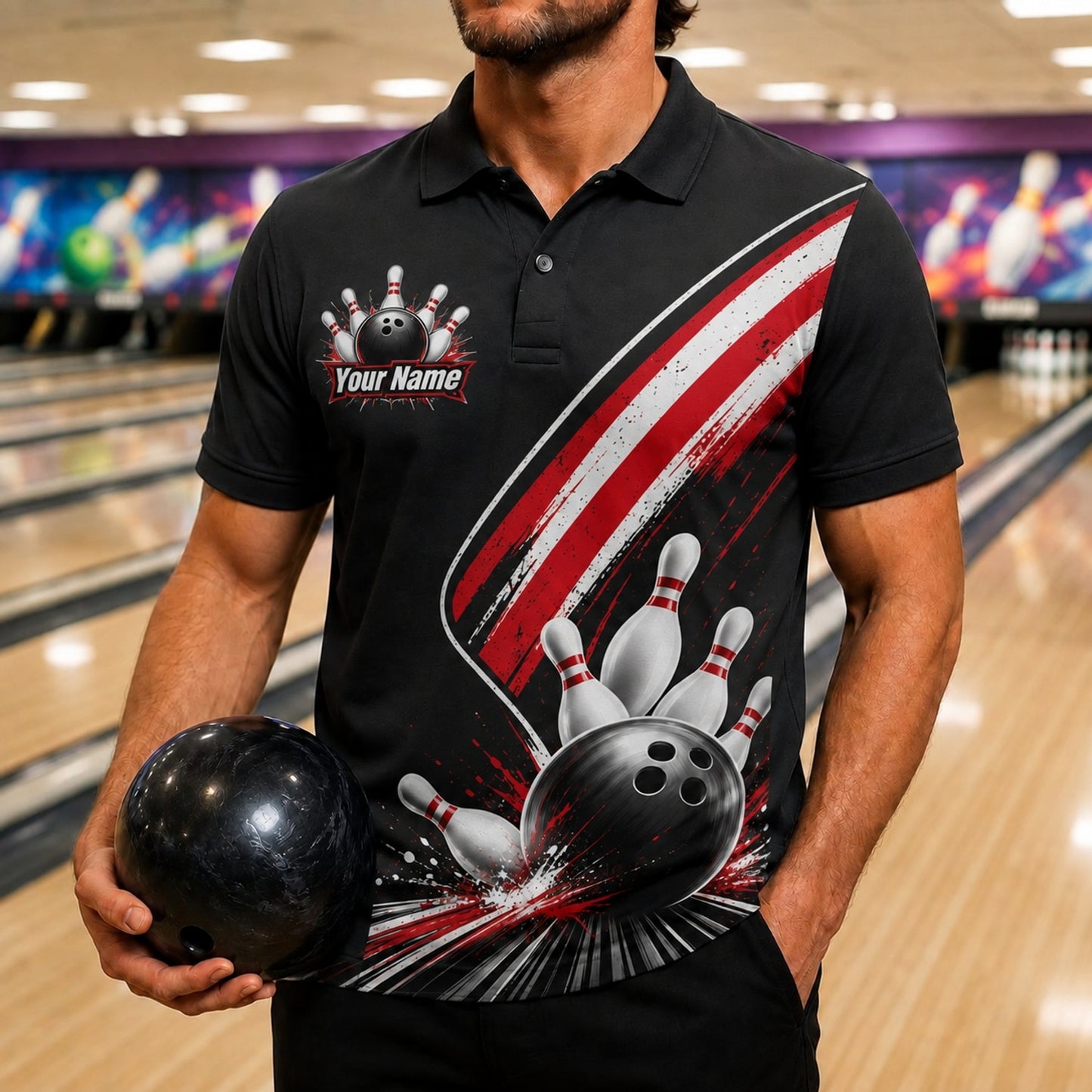 Bowling Ball Strike Splash Sport Custom Bowling Polo Shirt Front View