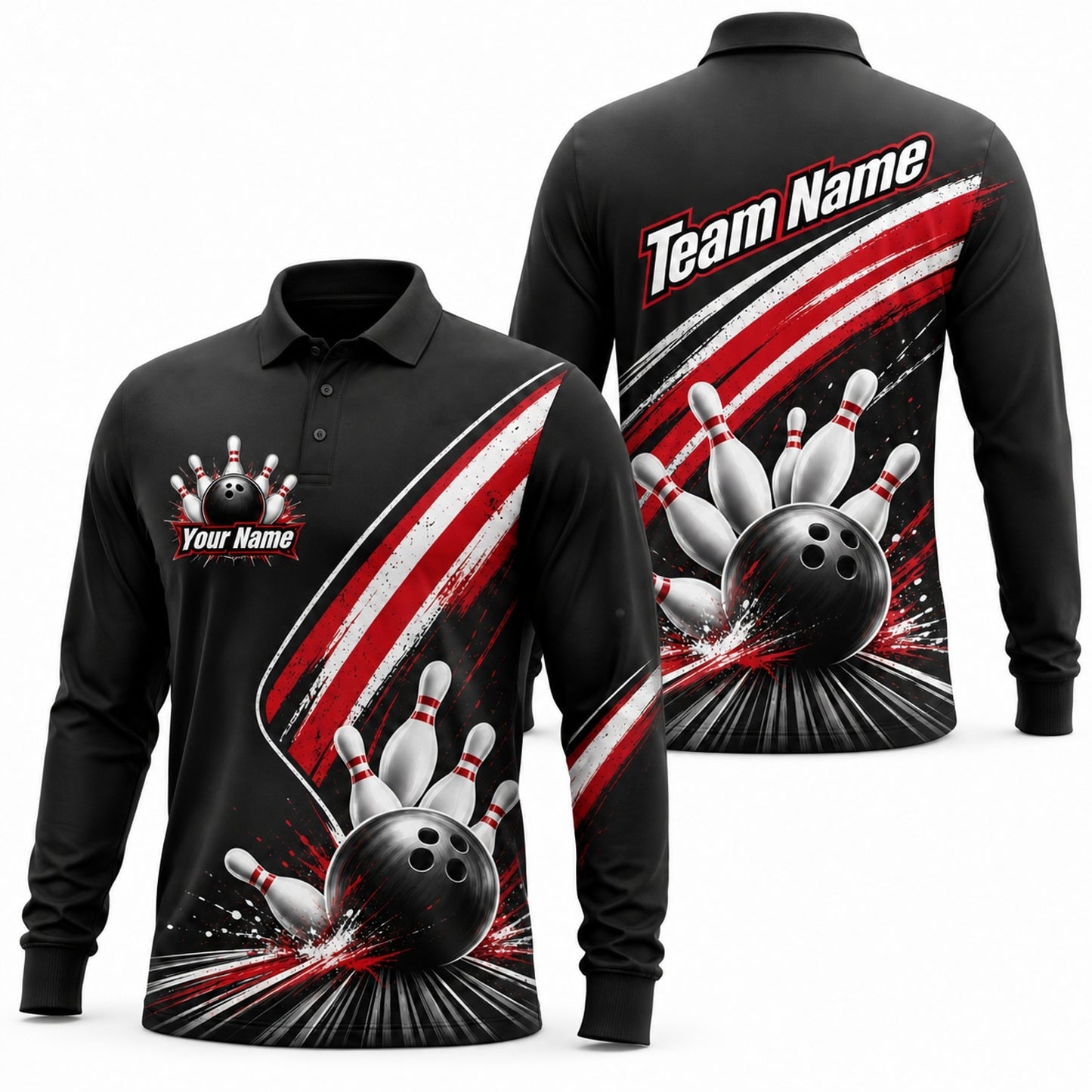 Bowling Ball Strike Splash Sport Custom Bowling Polo Shirt Long Sleeve Polo