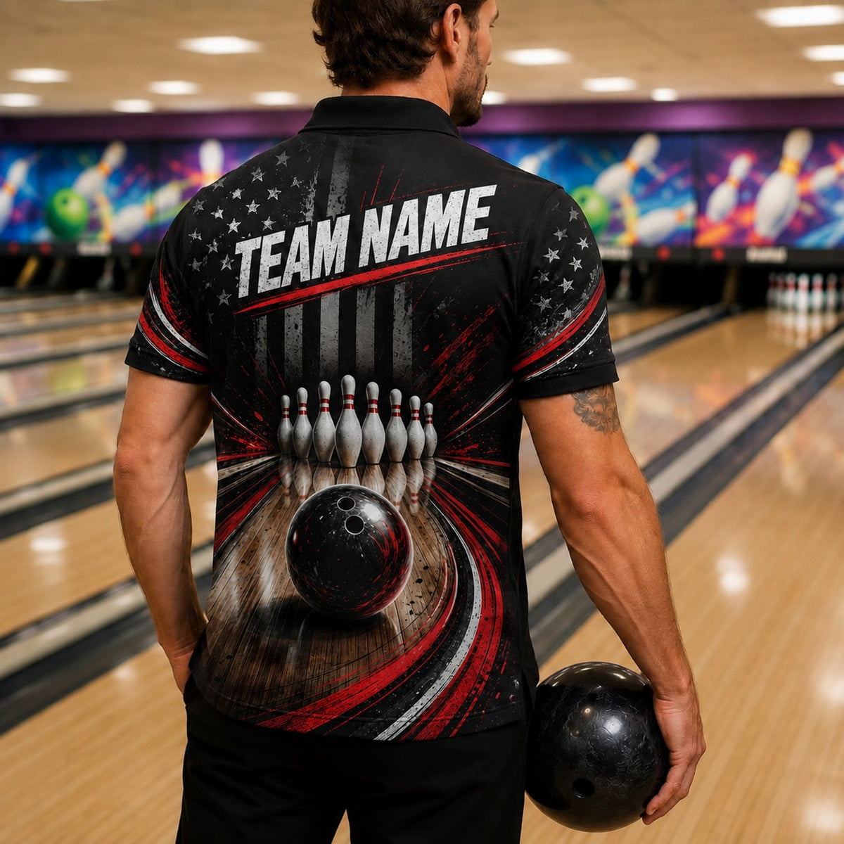 Bowling Ball Strike Sport Custom Bowling Polo Shirt Back View