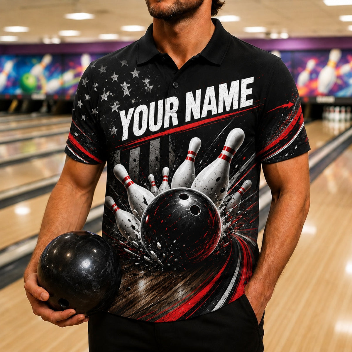 Bowling Ball Strike Sport Custom Bowling Polo Shirt Front View