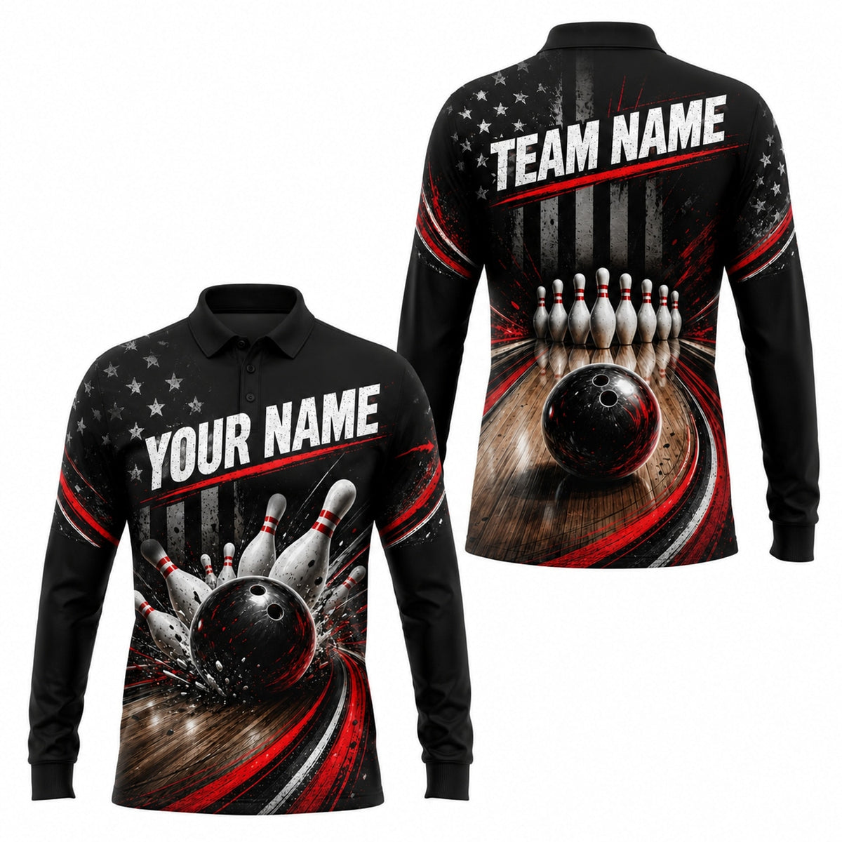 Bowling Ball Strike Sport Custom Bowling Polo Shirt Long Sleeve Polo