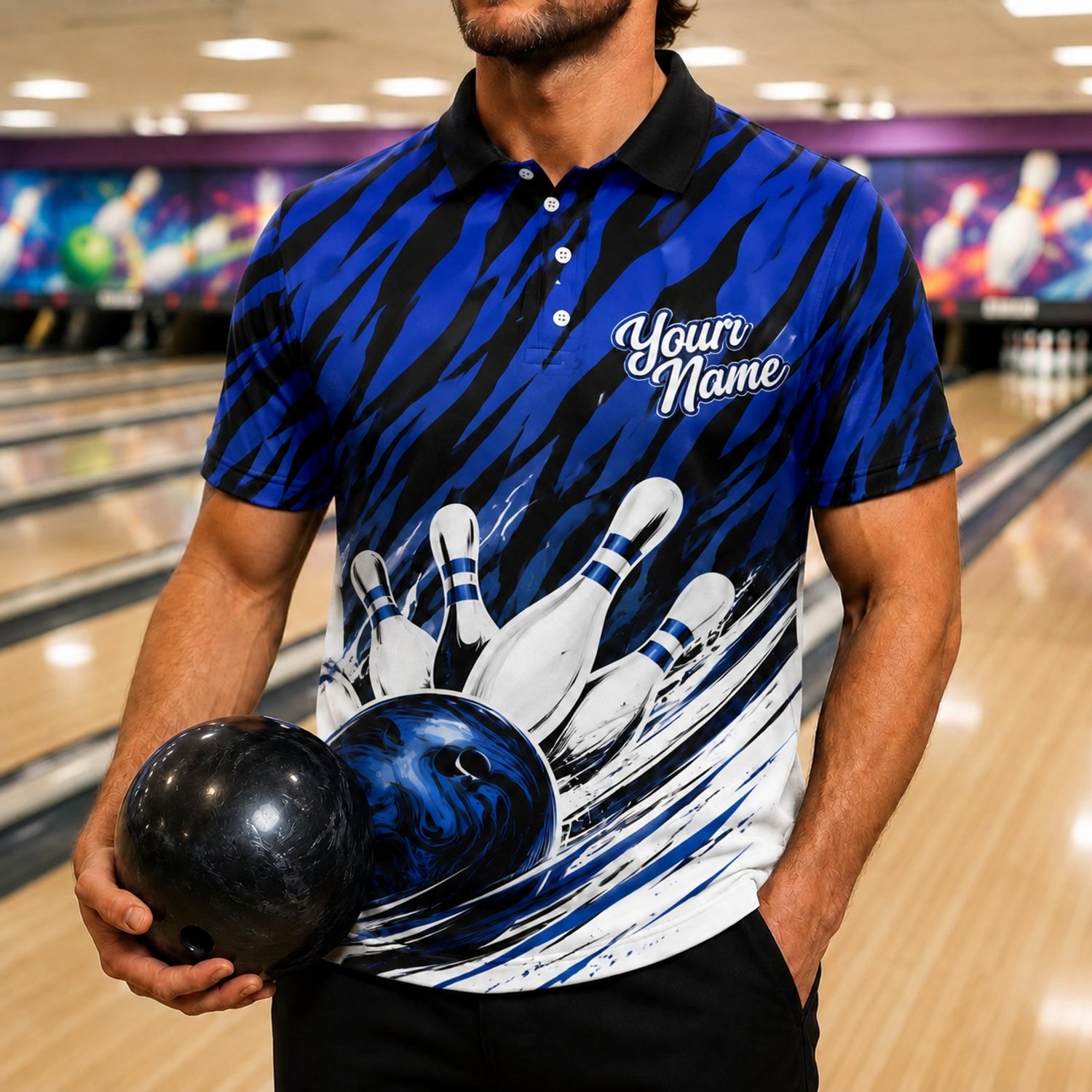 Bowling Ball Strike Sport Personalized Bowling Polo Shirt Front View