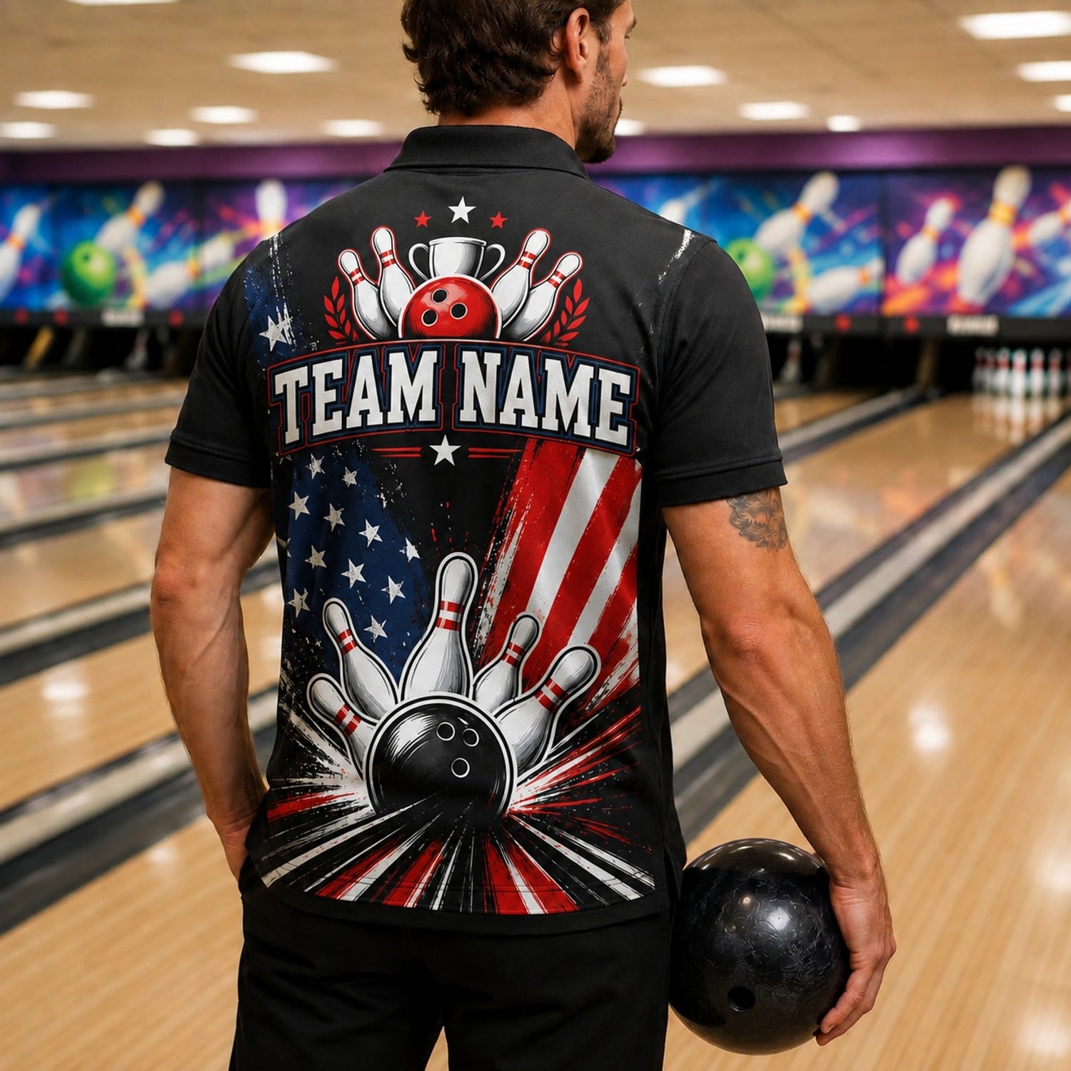 Bowling Ball Strike Stars Personalized Bowling Polo Shirt Back View