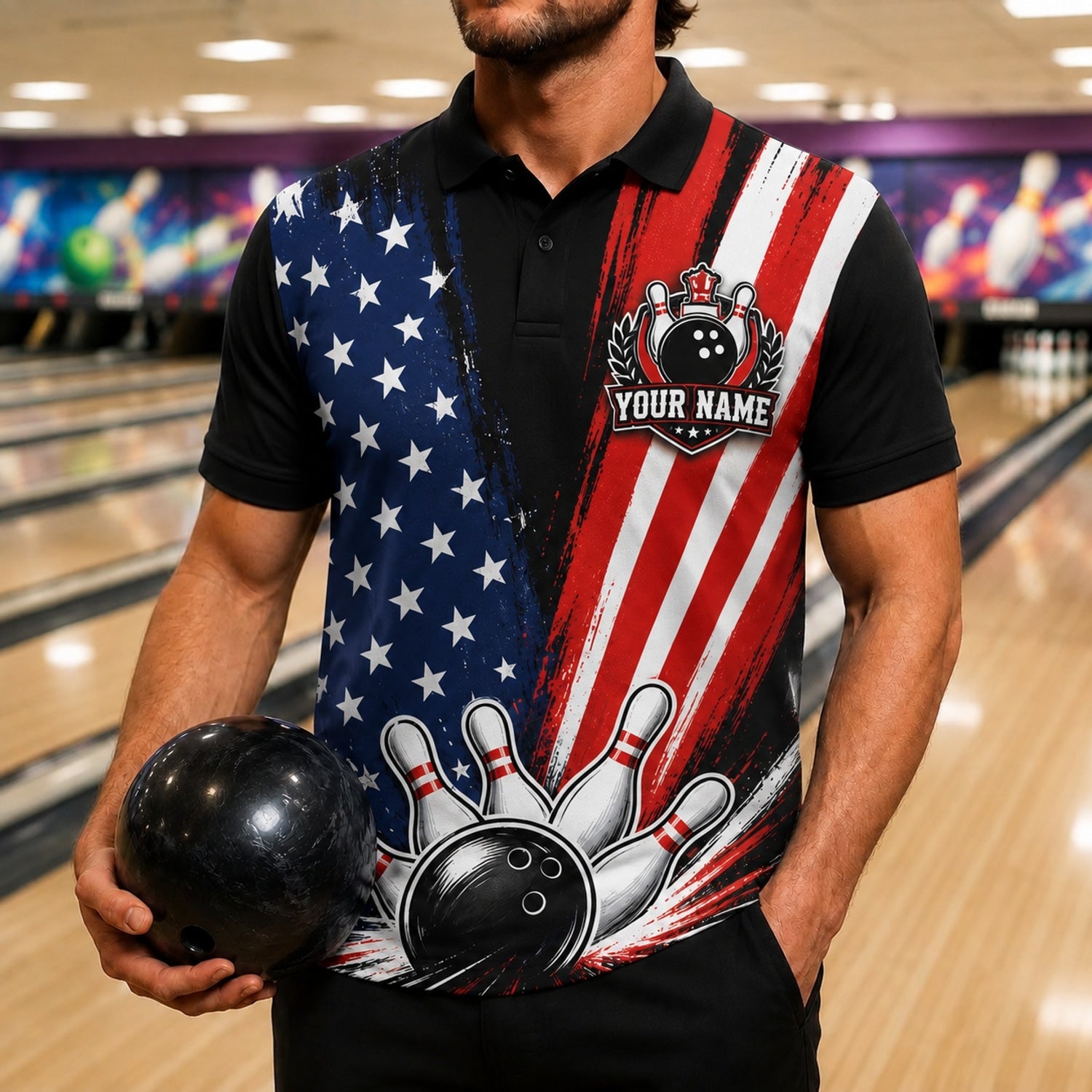 Bowling Ball Strike Stars Personalized Bowling Polo Shirt Front View