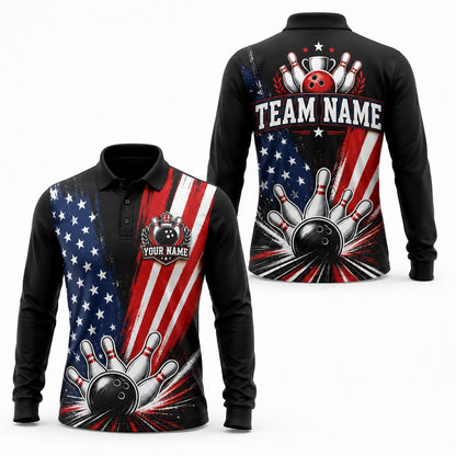 Bowling Ball Strike Stars Personalized Bowling Polo Shirt Long Sleeve Polo