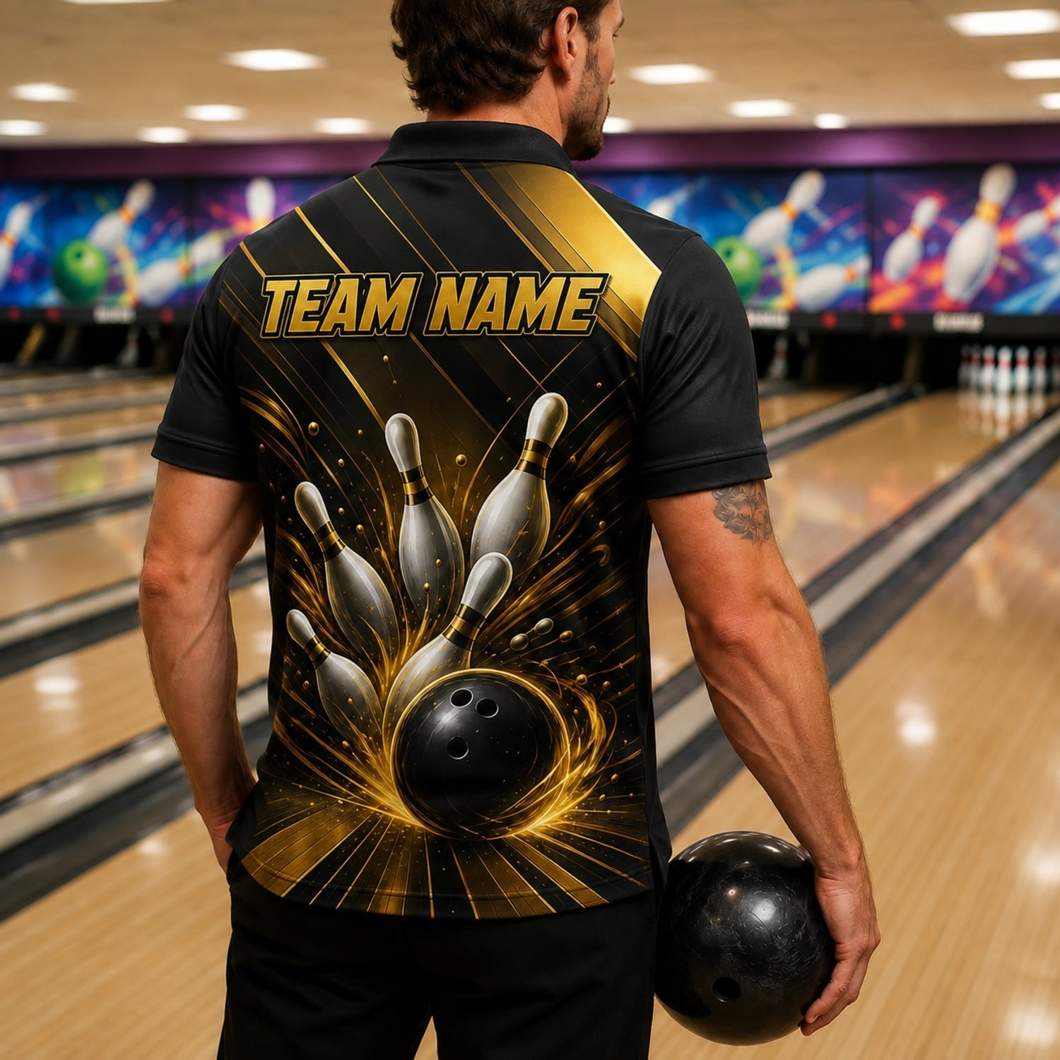 Bowling Ball Strike Swirl Graphic Custom Bowling Polo Shirt Back View