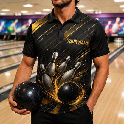 Bowling Ball Strike Swirl Graphic Custom Bowling Polo Shirt Front View