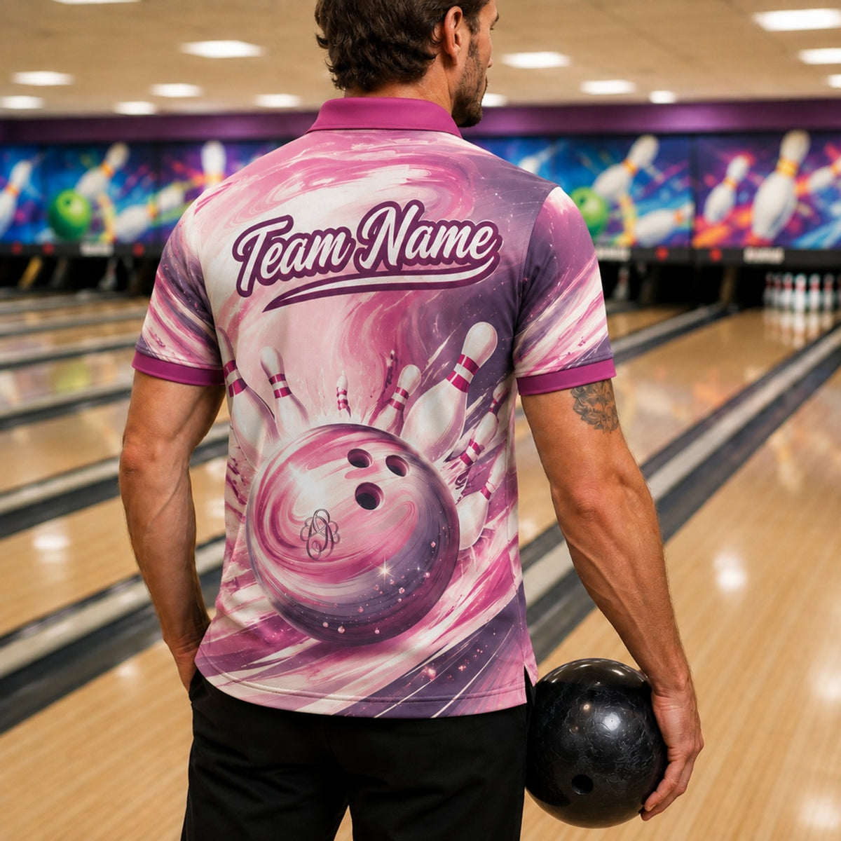 Bowling Ball Strike Swirl Personalized Bowling Polo Shirt Back View