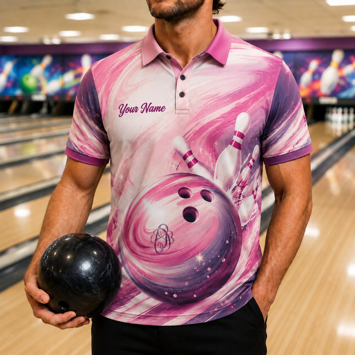 Bowling Ball Strike Swirl Personalized Bowling Polo Shirt Front View