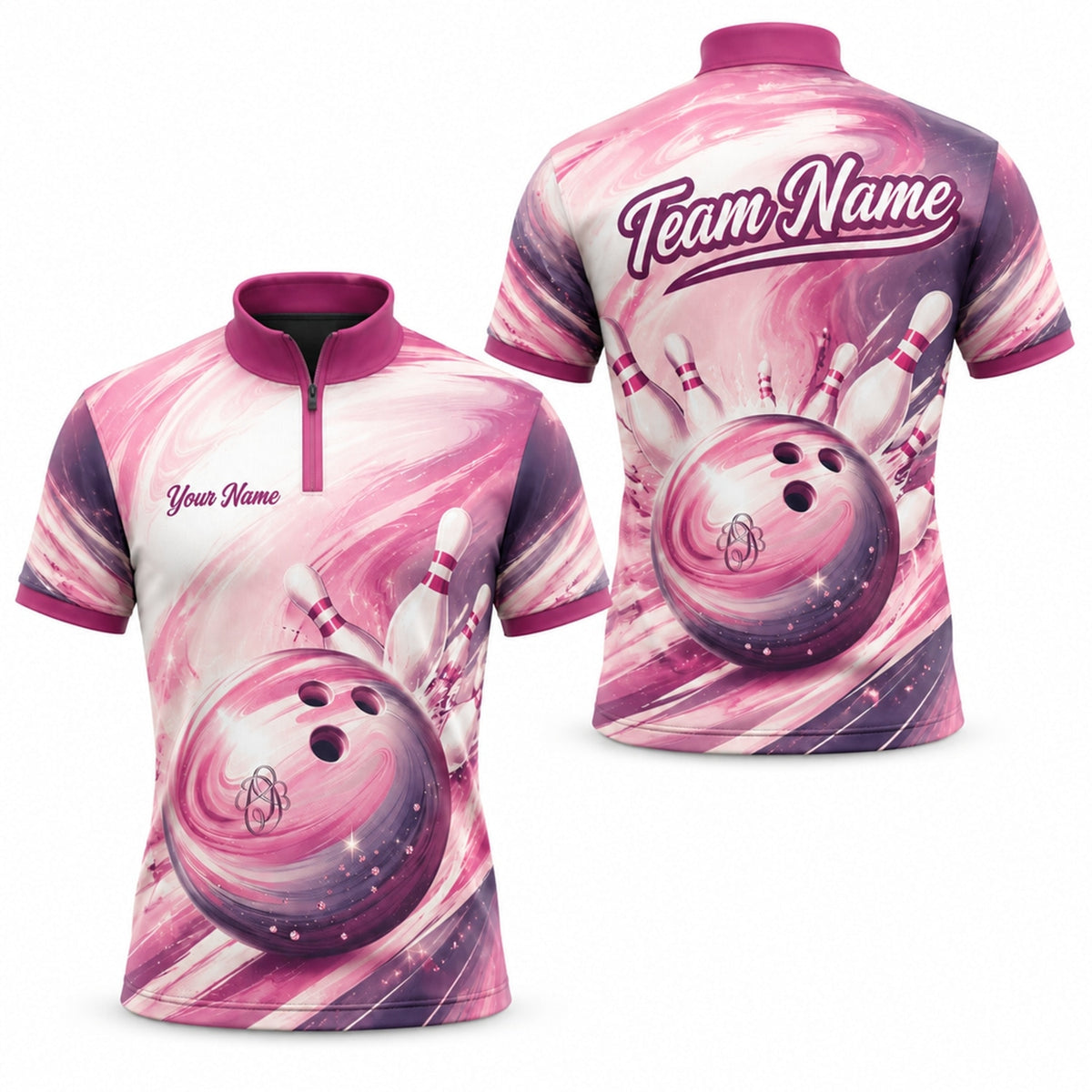 Bowling Ball Strike Swirl Personalized Bowling Polo Shirt Jersey Zip 1 4 Collar