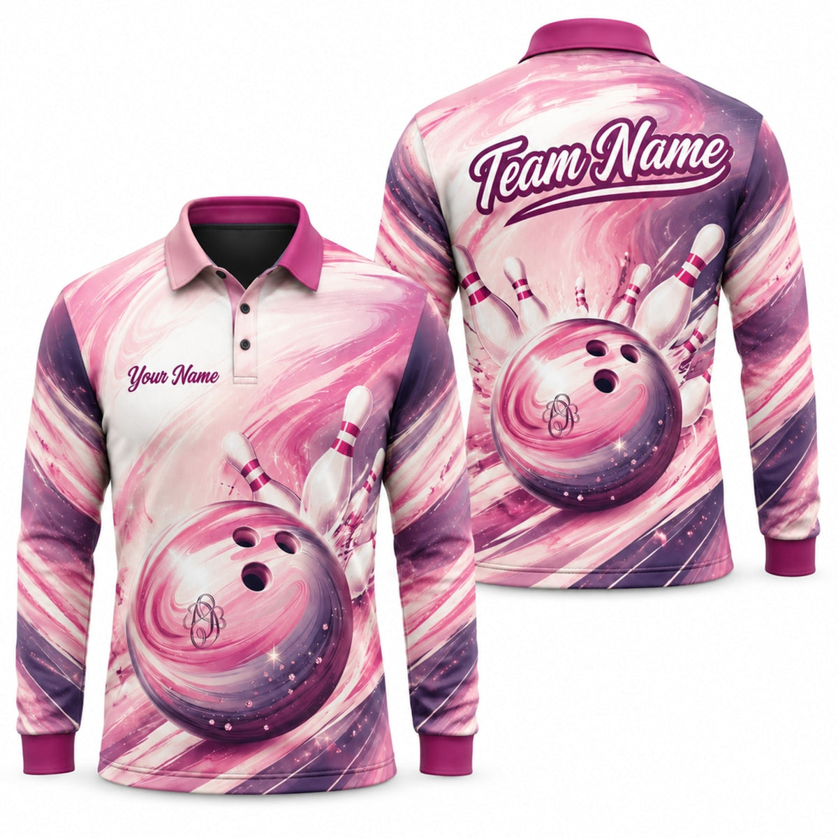 Bowling Ball Strike Swirl Personalized Bowling Polo Shirt Long Sleeve Polo