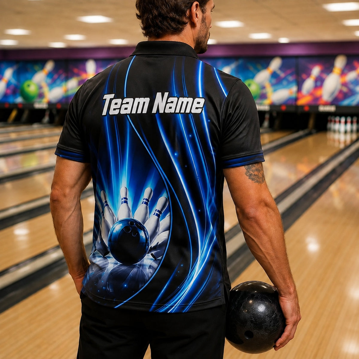 Bowling Ball Strike Waves Personalized Bowling Polo Shirt Back View